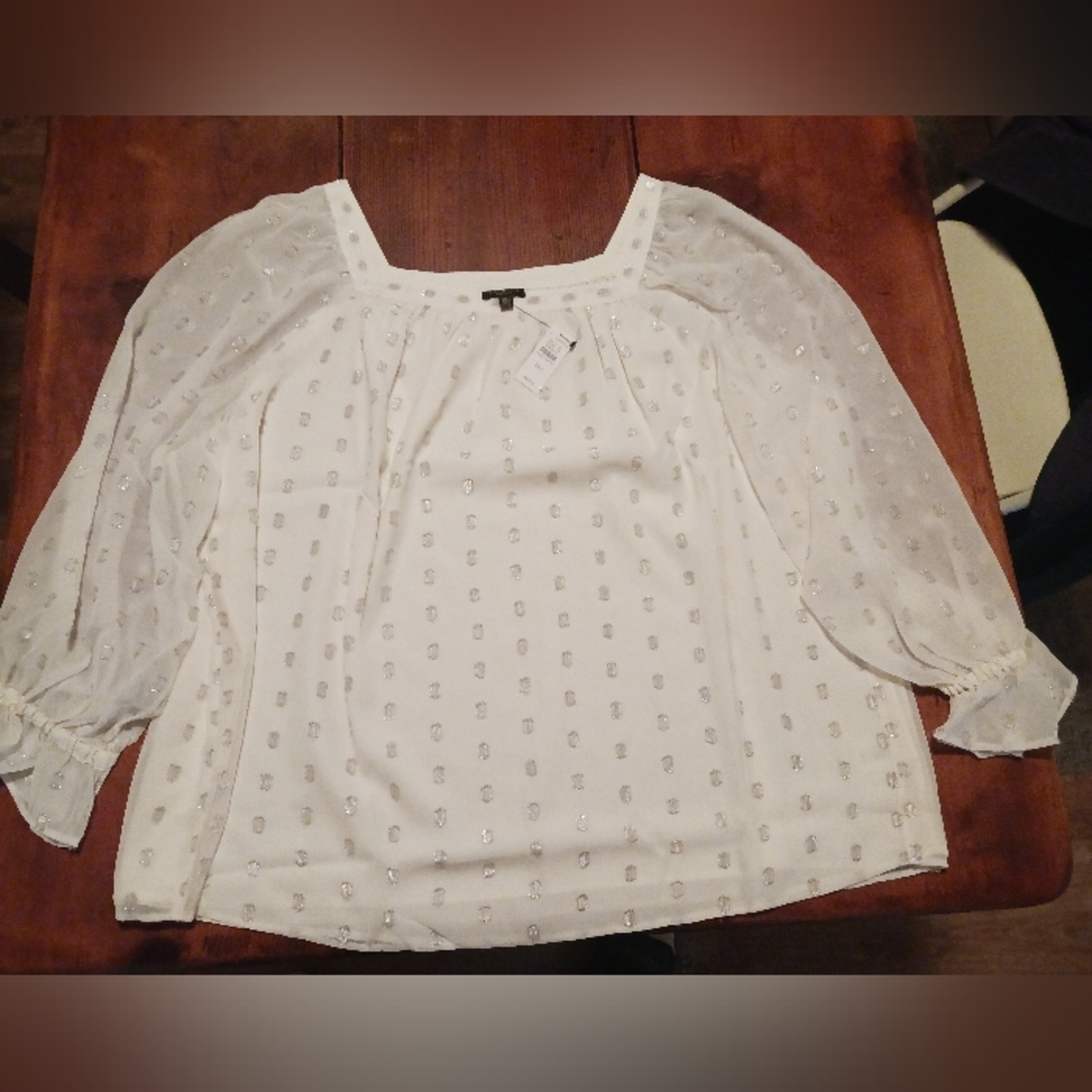 Talbots Clip Dot Popover Ivory 2XP Ruffle sleeve